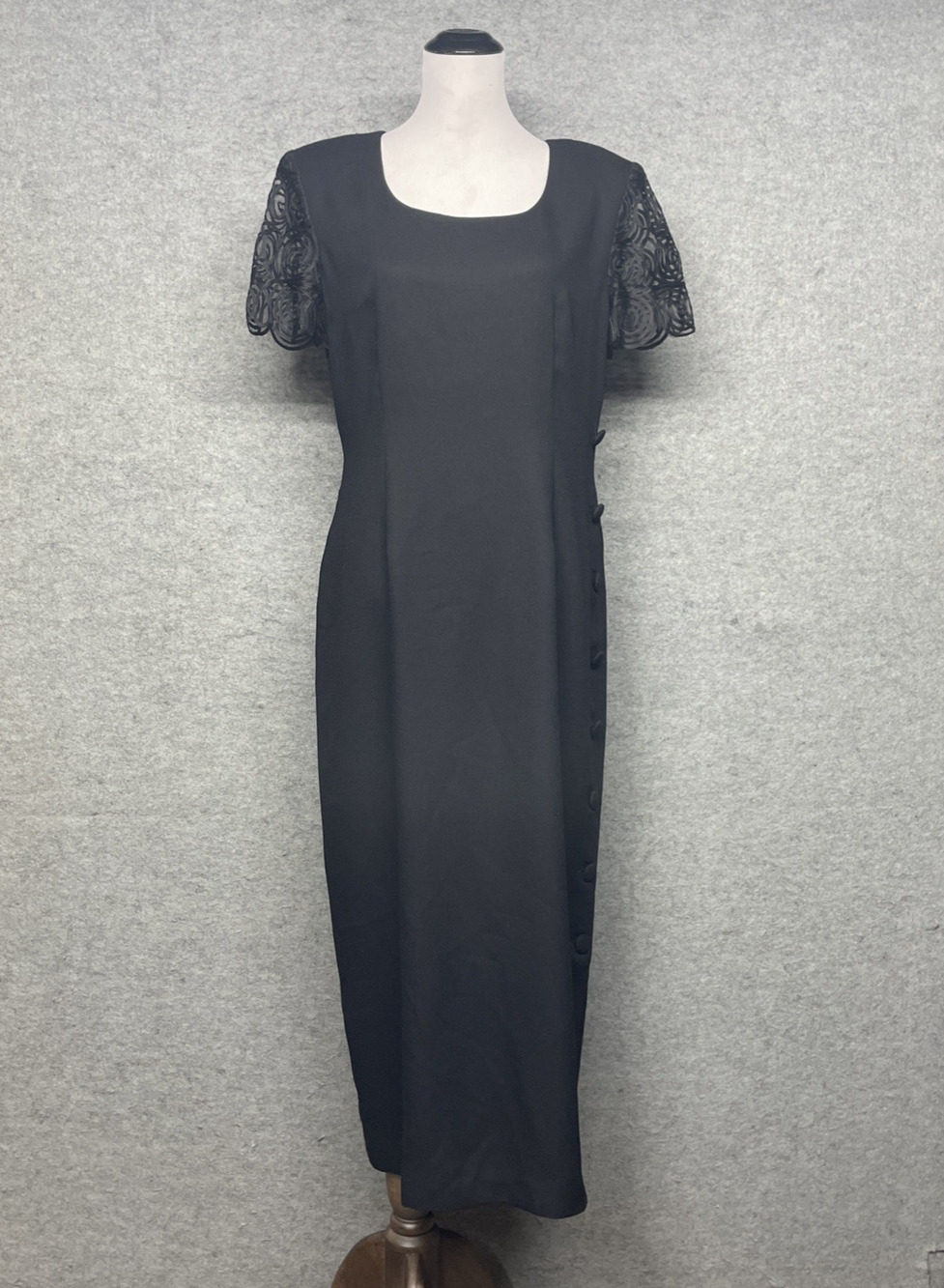 Vintage Maggy London Kenneth Nolan Black Maxi Dress Sz 12 Side Button Lined‎
